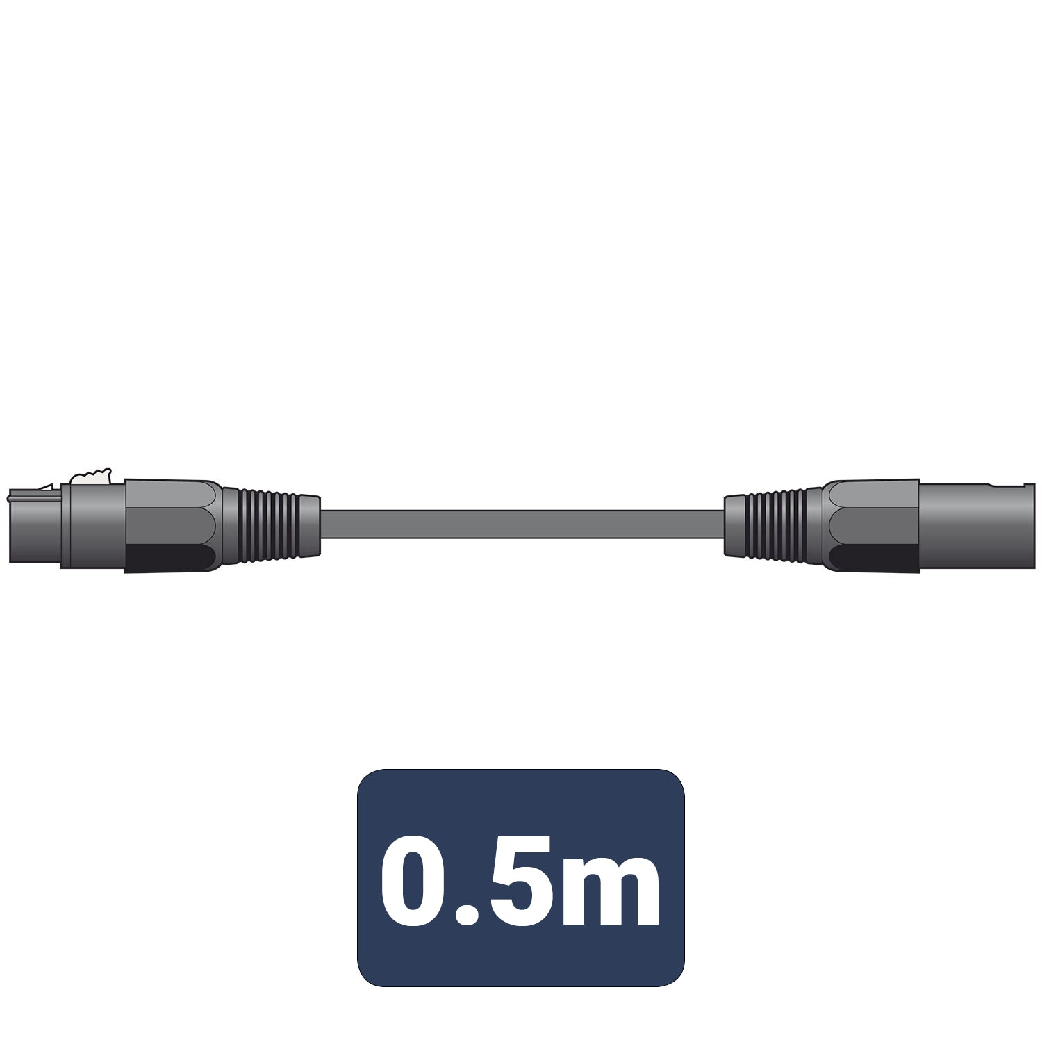 Black cable with connectors and a label indicating 0.5 meters on a white background