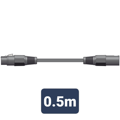 Black cable with connectors and a label indicating 0.5 meters on a white background