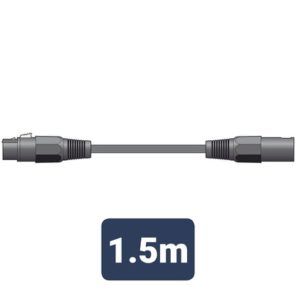 Black cable with connectors and a label indicating 1.5 meters on a white background