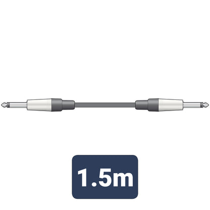Black audio cable with silver connectors and a label indicating length on a white background