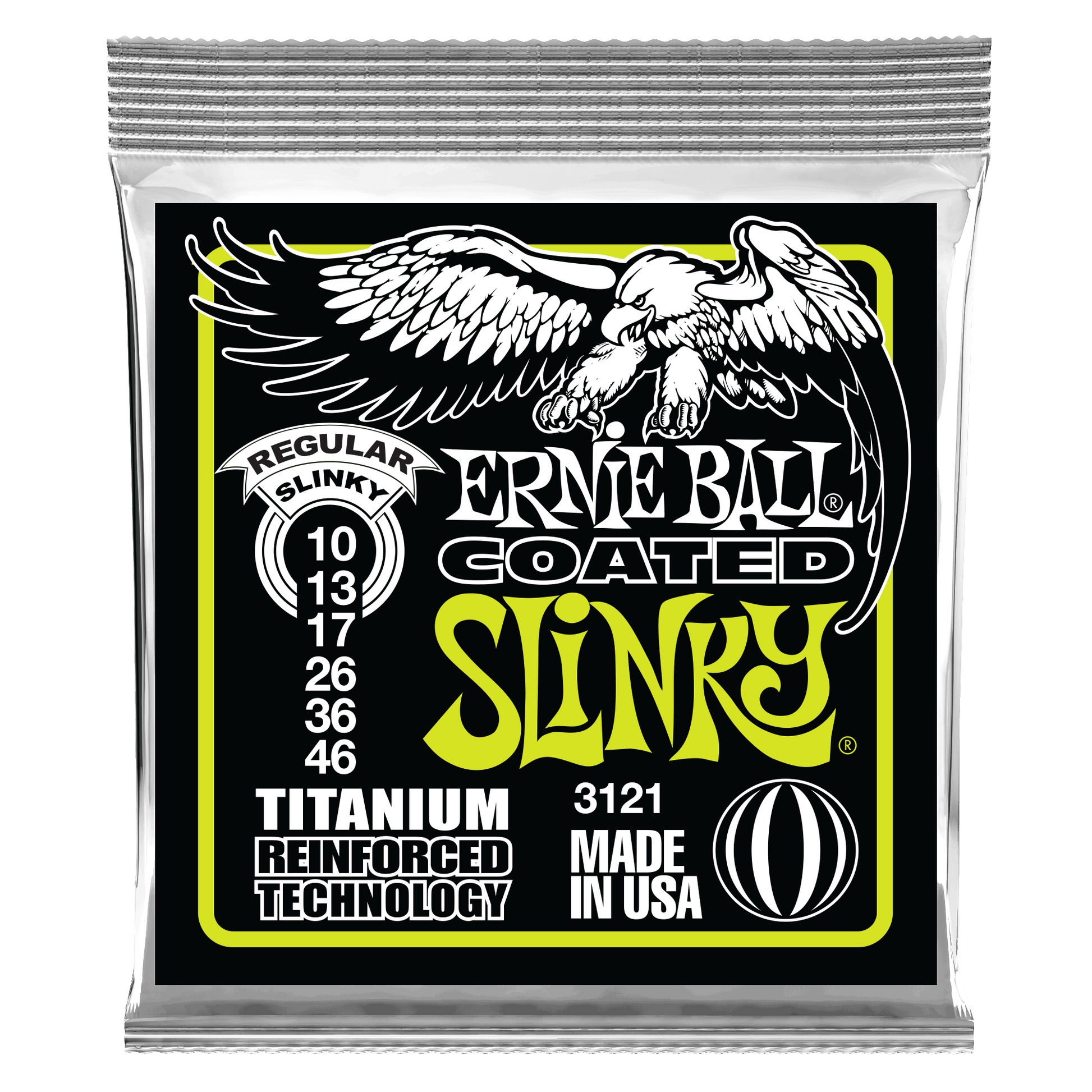 Ernie Ball guitar string packaging with an eagle logo on a black background