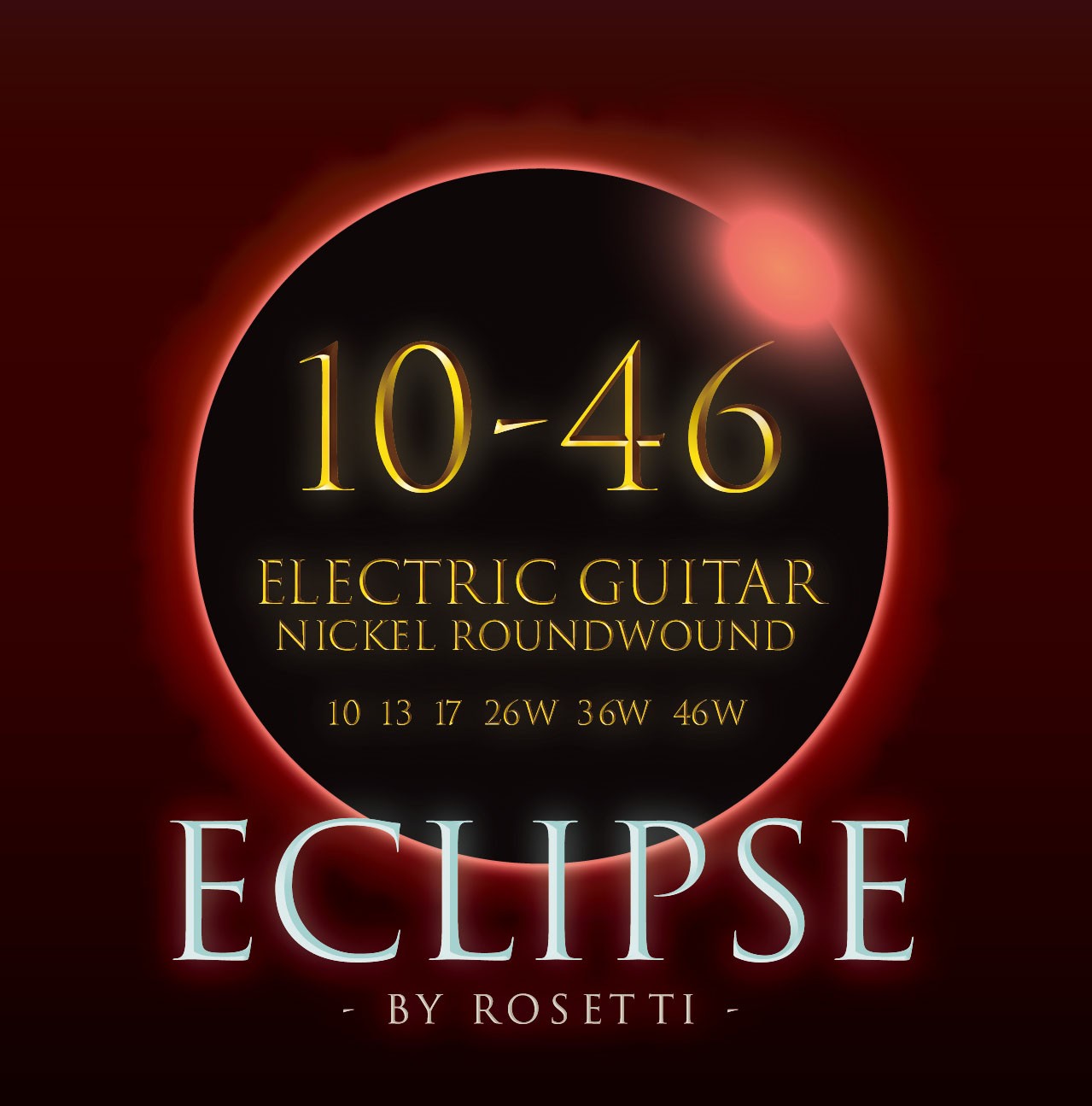 Eclipse by Rosetti electric guitar string packaging with gold and white text on a dark background