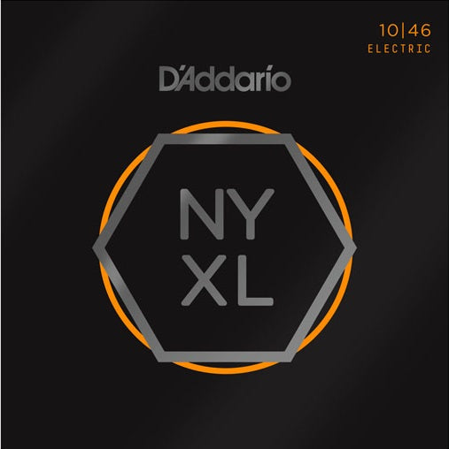 D'Addario NYXL electric guitar string set packaging on a black background