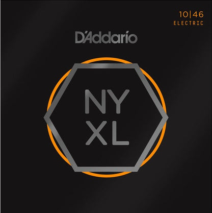 D'Addario NYXL electric guitar string set packaging on a black background