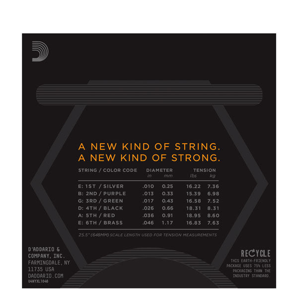 D'Addario guitar string packaging with specifications on a black background