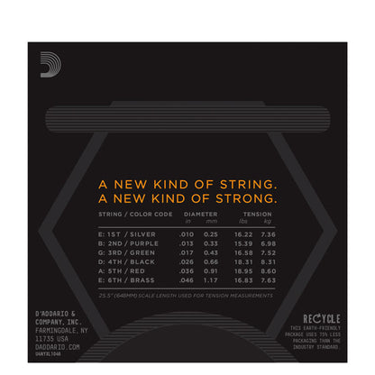 D'Addario guitar string packaging with specifications on a black background