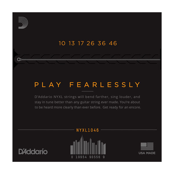 D'Addario guitar string set packaging with product details on a black background