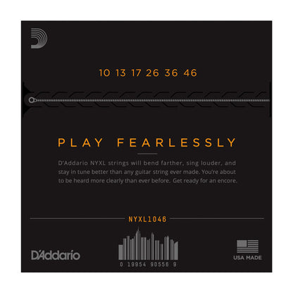D'Addario guitar string set packaging with product details on a black background