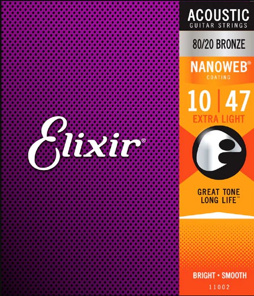 Elixir acoustic guitar strings packaging with purple and orange design
