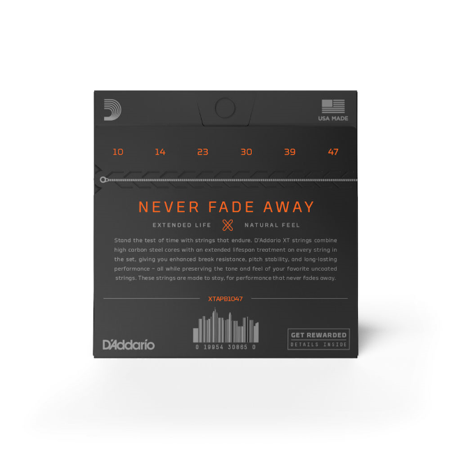D'Addario guitar string packaging with text 'Never Fade Away' on a white background