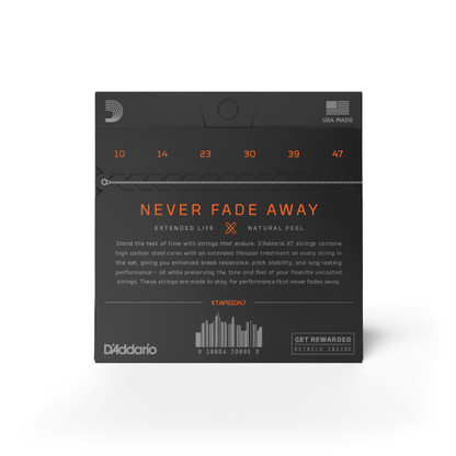 D'Addario guitar string packaging with text 'Never Fade Away' on a white background