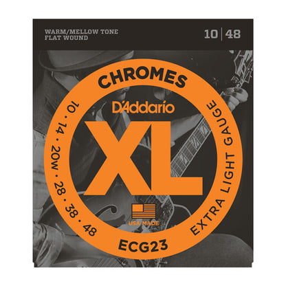 D'Addario XL Chromes guitar string set packaging with black and orange design.