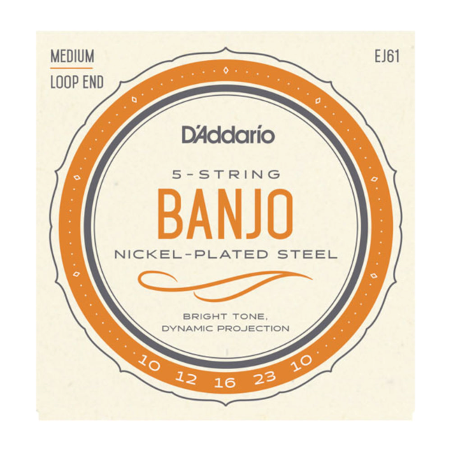 D'Addario 5-string banjo string set packaging with orange and black design on a beige background