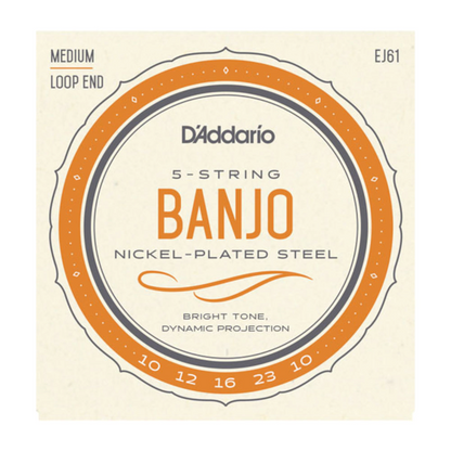 D'Addario 5-string banjo string set packaging with orange and black design on a beige background
