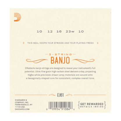 Banjo string set label with product details on a beige background