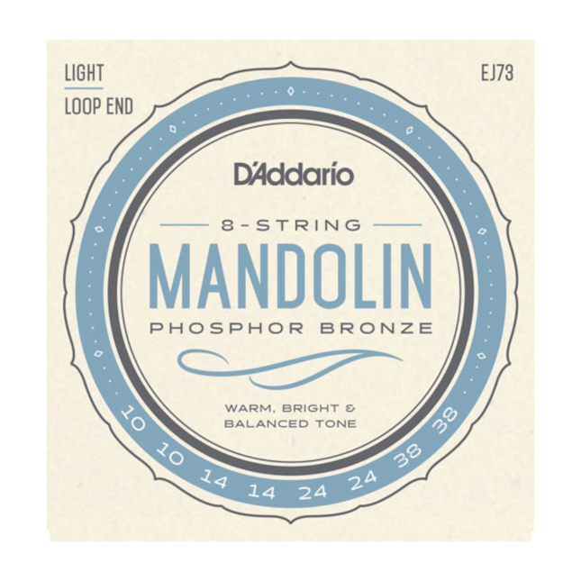 D'Addario mandolin string set packaging with product details on a beige background