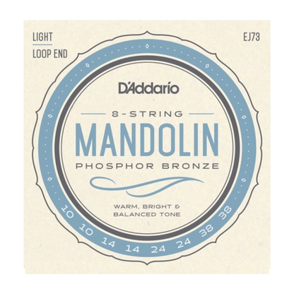 D'Addario mandolin string set packaging with product details on a beige background