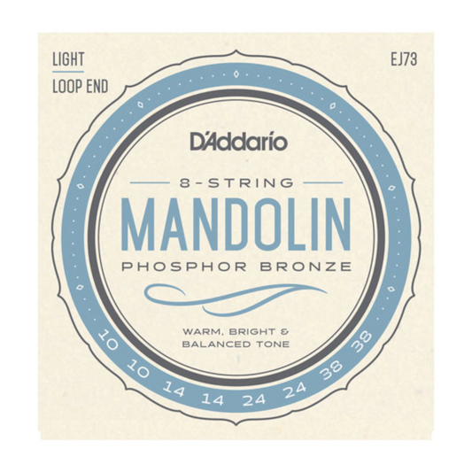D'Addario mandolin string set packaging with product details on a beige background