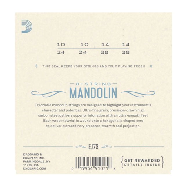 D'Addario mandolin string set packaging with product details on a beige background