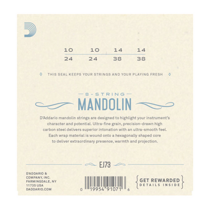 D'Addario mandolin string set packaging with product details on a beige background