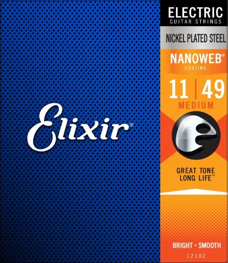 Elixir electric guitar strings packaging with blue and orange design