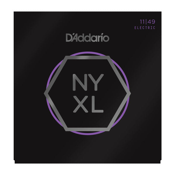 D'Addario NYXL electric guitar string set packaging on a black background