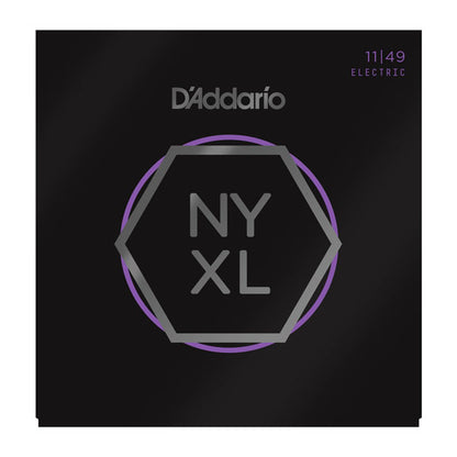 D'Addario NYXL electric guitar string set packaging on a black background