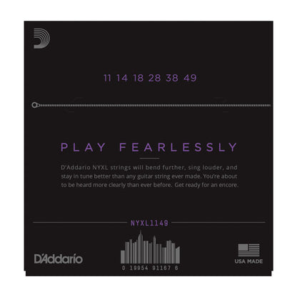 D'Addario guitar string set packaging with tuning information and branding.
