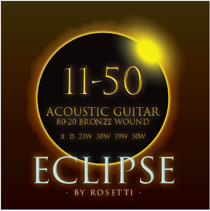 Rosetti Eclipse acoustic guitar strings packaging with '11-50' and product details on a dark background.