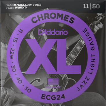 D'Addario ECG24 chrome flat wound guitar strings packaging with a blurred guitar background