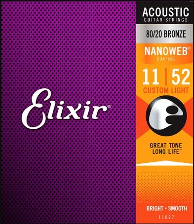 Elixir acoustic guitar strings packaging with purple and orange design