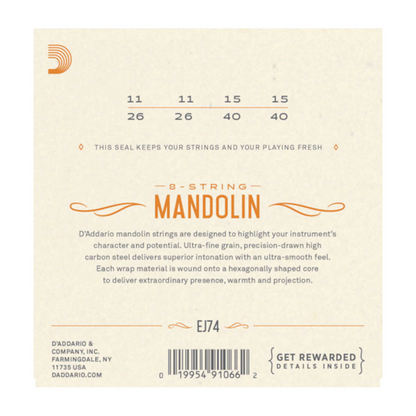 D'Addario mandolin string set packaging with product details on a beige background