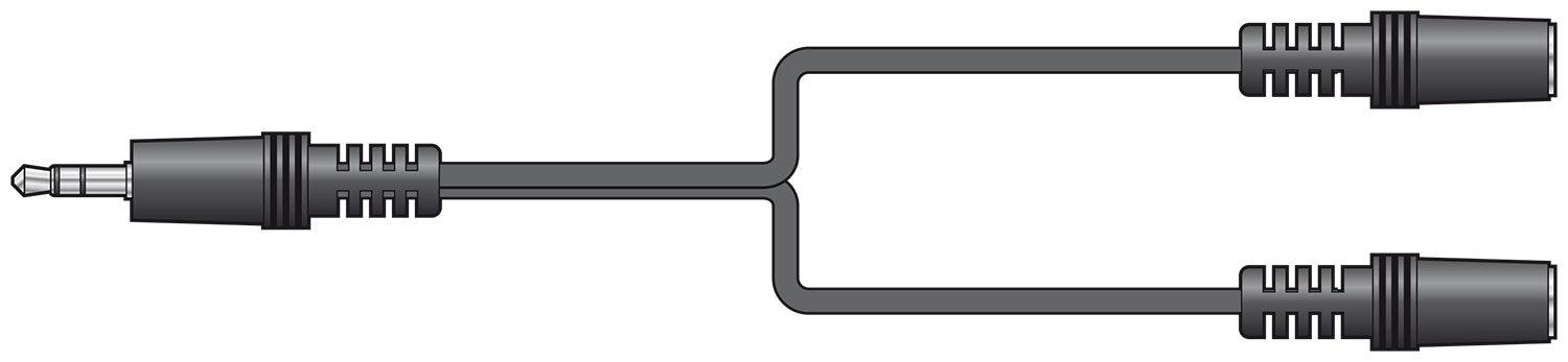 Black audio cable with 3.5mm connectors - one male jack to two female jacks -  on a white background