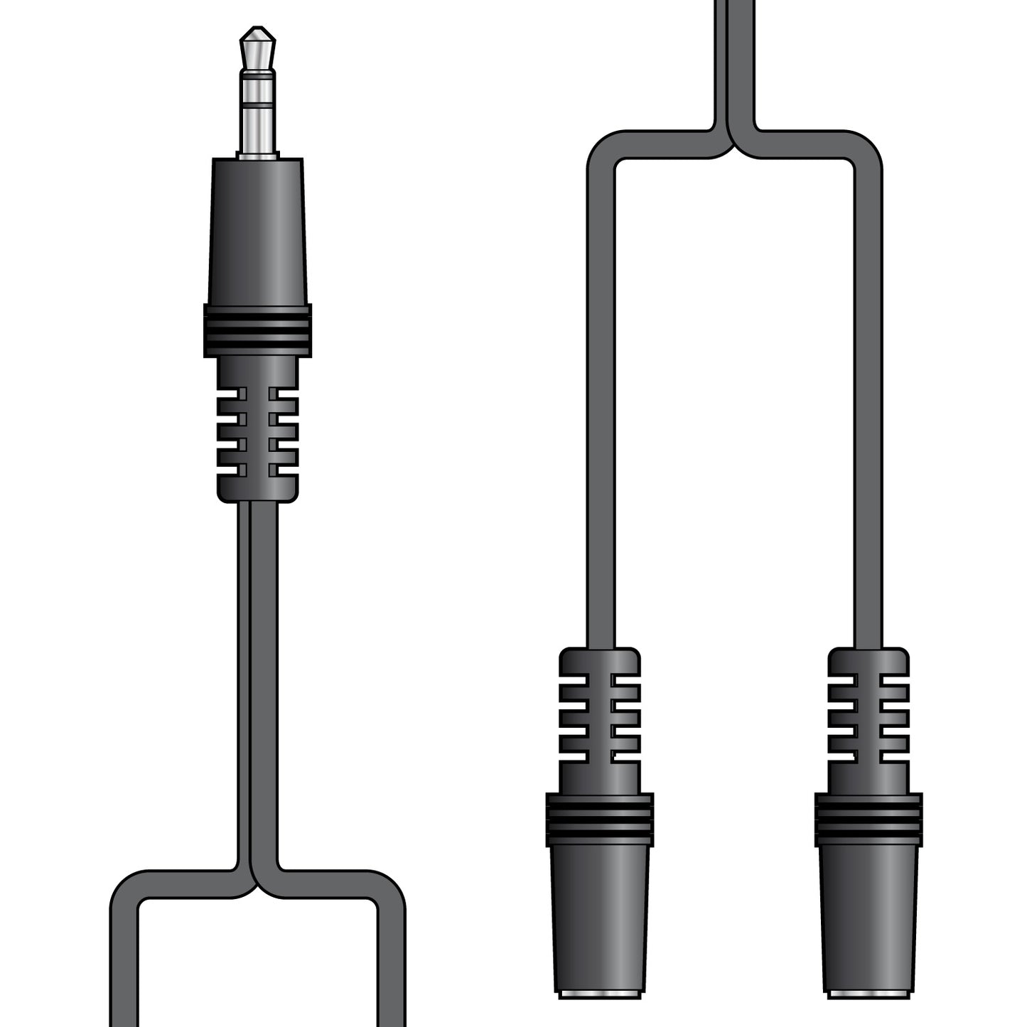 Black audio cable with 3.5mm connectors - one male jack to two female jacks -  on a white background