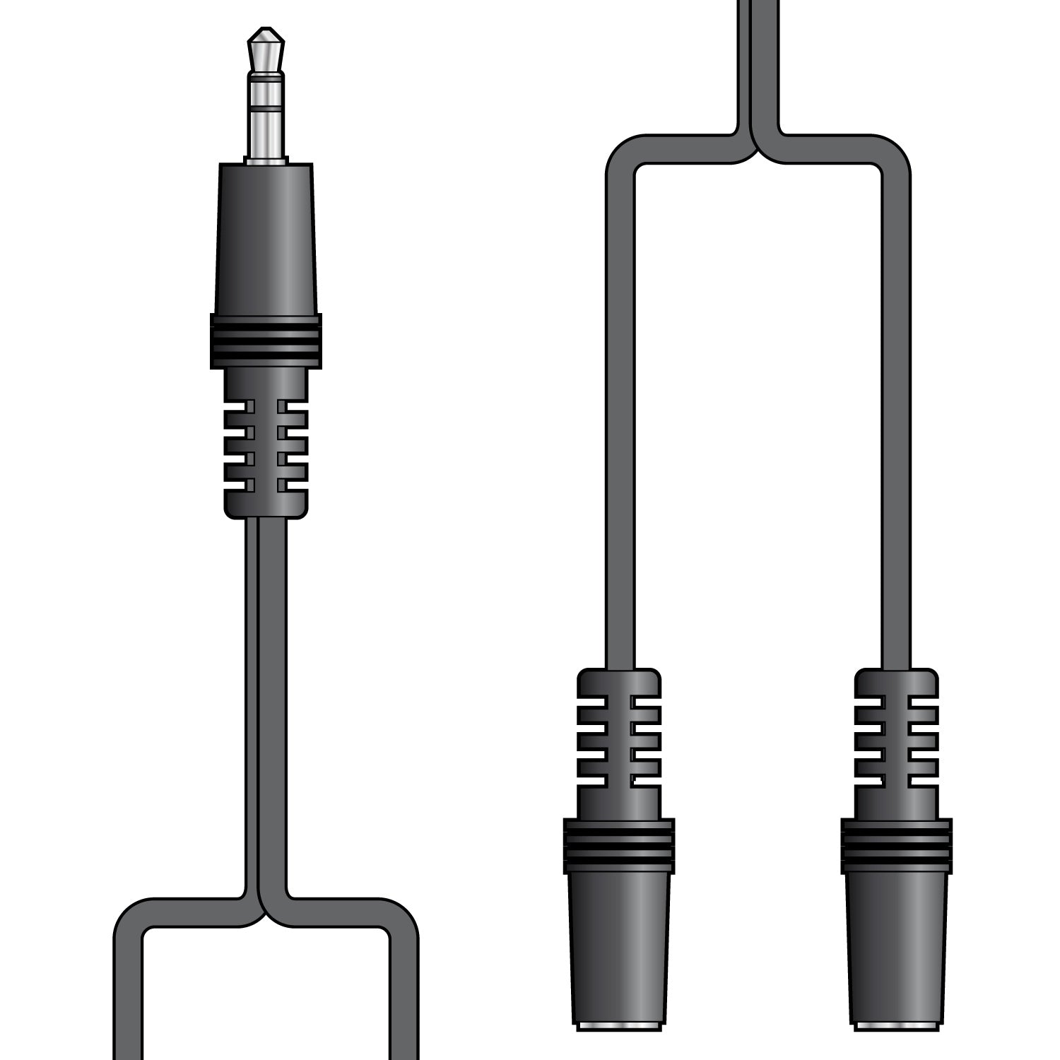 Black audio cable with 3.5mm connectors - one male jack to two female jacks -  on a white background