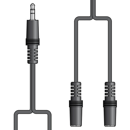 Black audio cable with 3.5mm connectors - one male jack to two female jacks -  on a white background