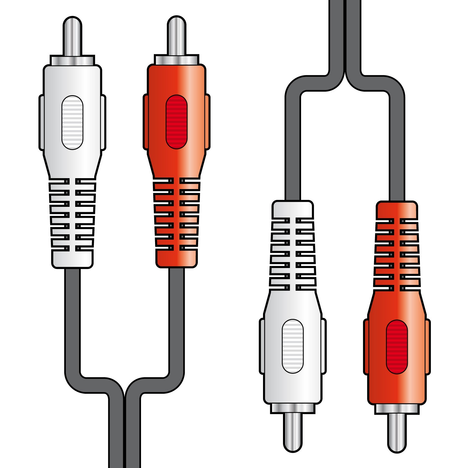 Two RCA cables with red and white coloured connectors on a white background