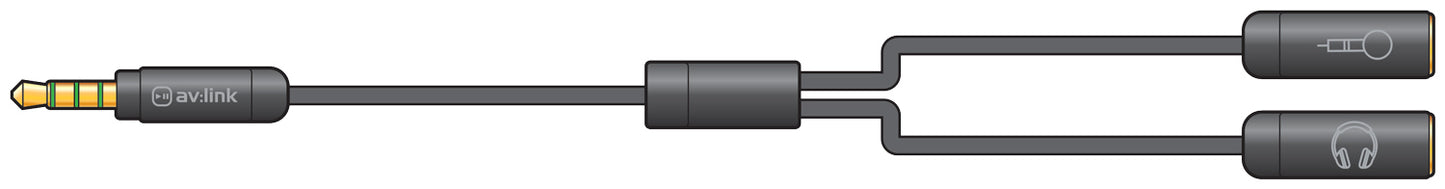 Black audio cable with 3.5mm male connector to two female connectors: one for microhome and the other for microphone