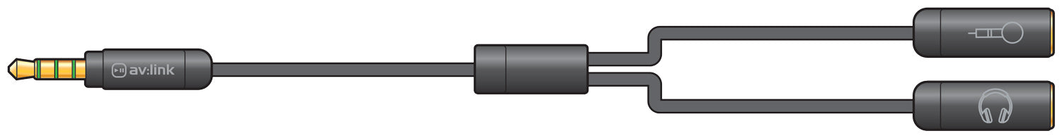 Black audio cable with 3.5mm male connector to two female connectors: one for microhome and the other for microphone