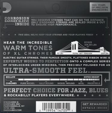 Guitar string packaging with text and bridge illustration on a dark background