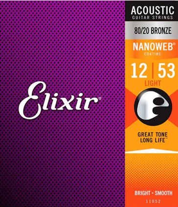 Elixir acoustic guitar strings packaging with purple and orange design