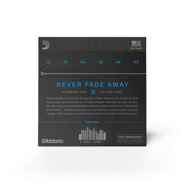 D'Addario guitar string packaging with text 'Never Fade Away' on a white background