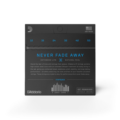 D'Addario guitar string packaging with text 'Never Fade Away' on a white background