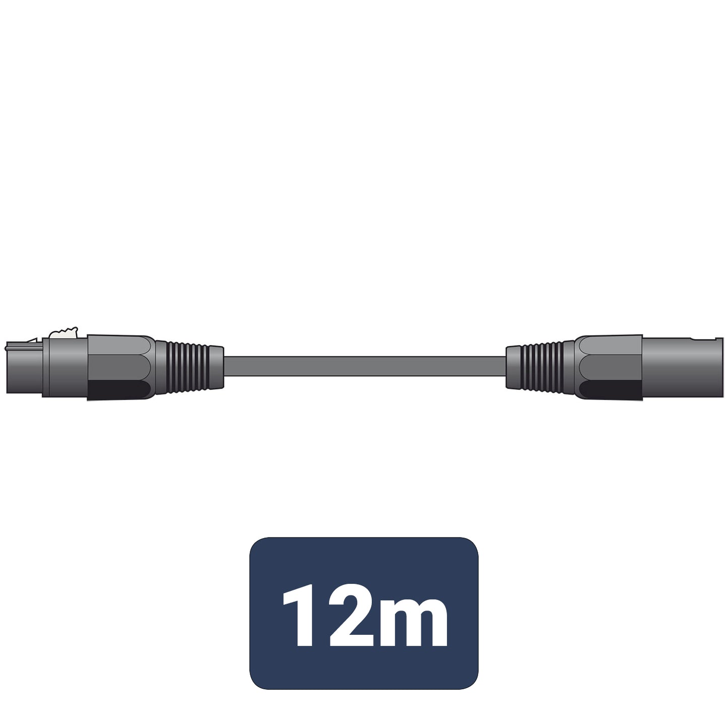Black cable with connectors and a '12m' label on a white background