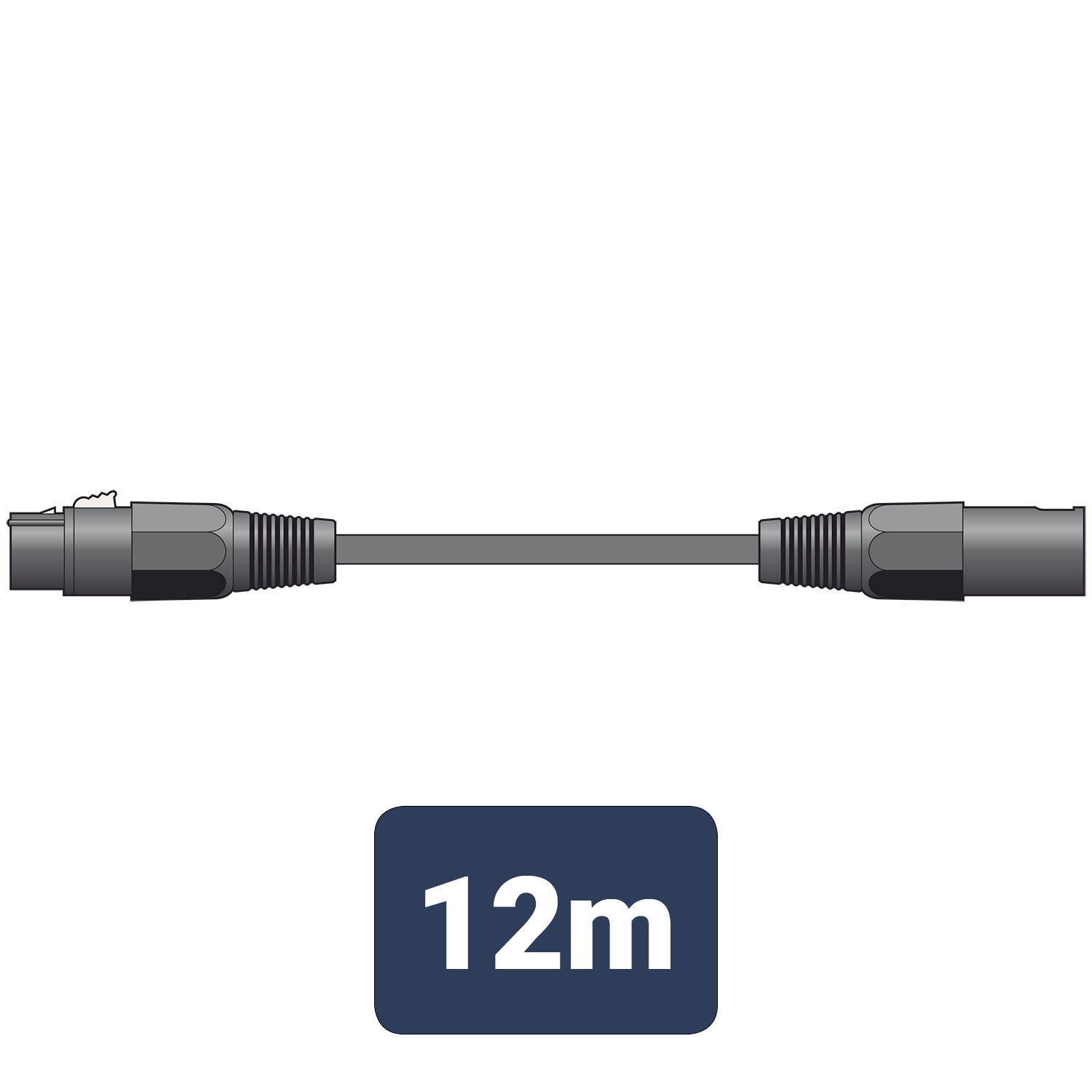 Black cable with connectors and a '12m' label on a white background