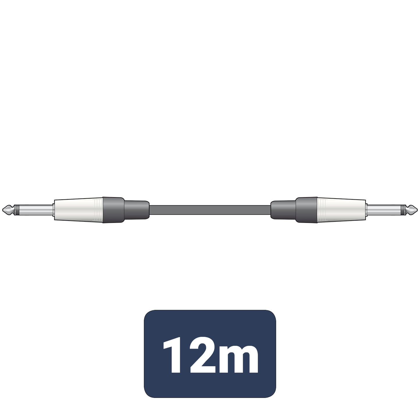 Black audio cable with silver connectors and a label indicating 12 meters on a white background.