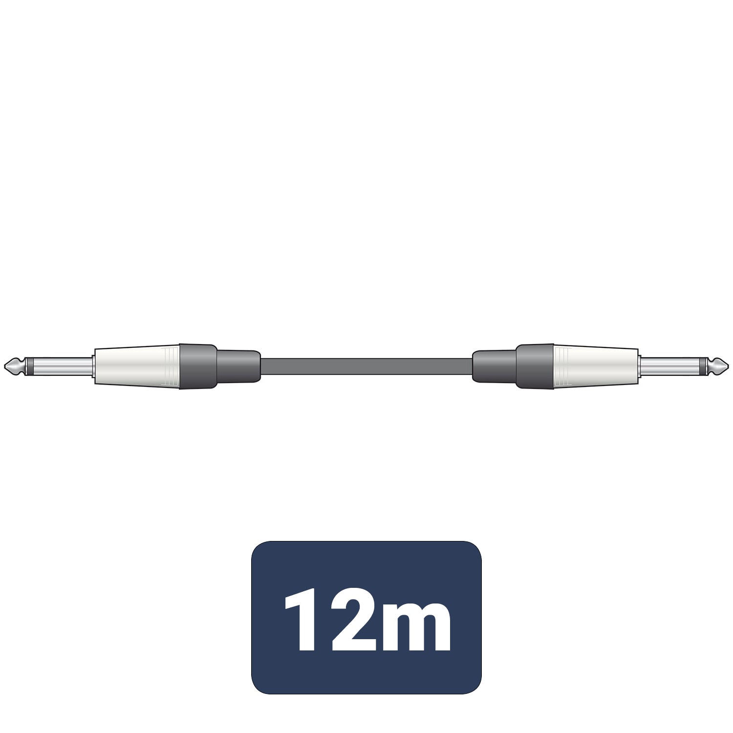 Black audio cable with silver connectors and a label indicating 12 meters on a white background.