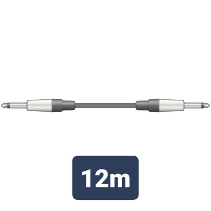 Black audio cable with silver connectors and a label indicating 12 meters on a white background.