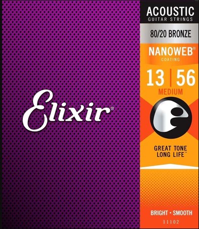 Elixir acoustic guitar strings packaging with purple and orange design