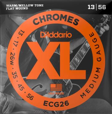 D'Addario XL Chromes electric guitar strings packaging with a black and white background.